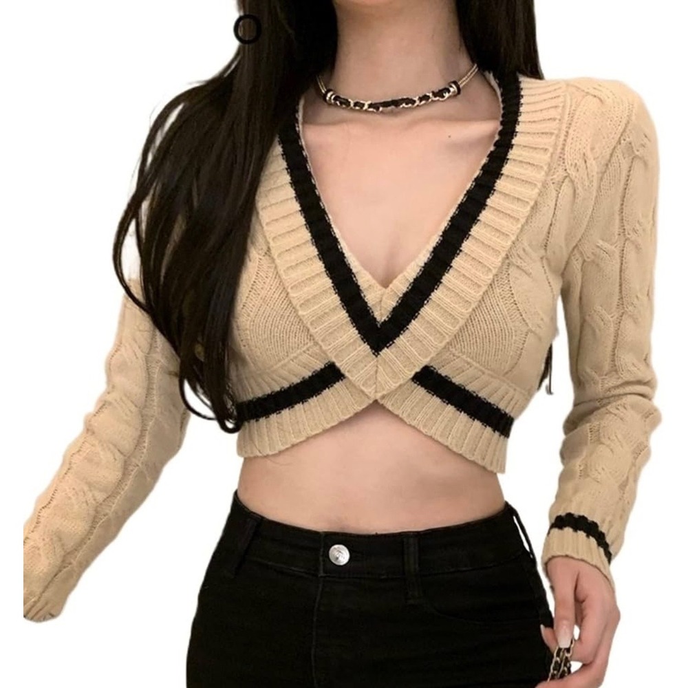 Blanc Clothing Women Tan Black Cable Knit Crossover Wrap Cropped Sweater Medium